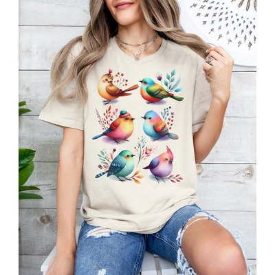 Barevní roztomilí ptáčci unisex tričko přírodní