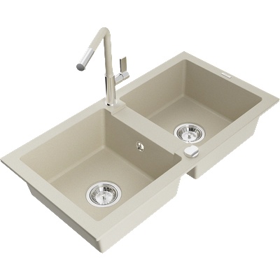 Mexen Mario гранитна двуканална кухненска мивка с батерия Flora, бежова - 6504-69-670401-09 (6504-69-670401-09)