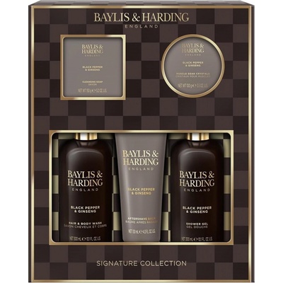 Baylis & Harding Black Pepper & Ginseng čisticí tuhé mýdlo 150 g + sůl do koupele pro uvolnění svalů 100 g + mycí gel na tělo a vlasy 300 ml + balzám po holení 130 ml + sprchový gel 300 ml dárková sad