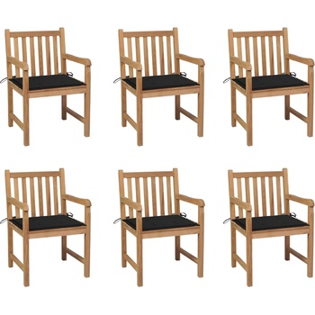 vidaXL Градински столове 6 бр с черни възглавници тиково дърво масив (3073038)