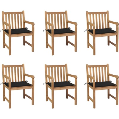 vidaXL Градински столове 6 бр с черни възглавници тиково дърво масив (3073038)