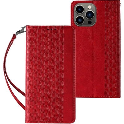 Hurtel Magnetický popruh pouzdra pro iPhone 13 Pro peněženkový + mini šňůrka na krk červený přívěšek 5907769341960