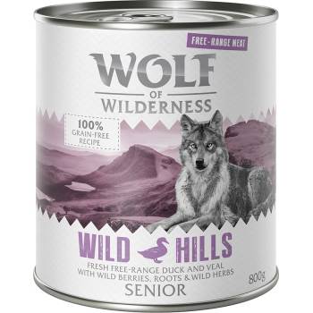 Wolf of Wilderness 6x800г SeniorWild Hills Free-Range Meat Wolf of Wilderness, консерв. храна за кучета-патешко и телешк
