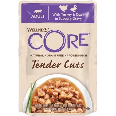Wellness Core Tender Cuts s morčacím mäsom a kačicou v omáčke 85 g