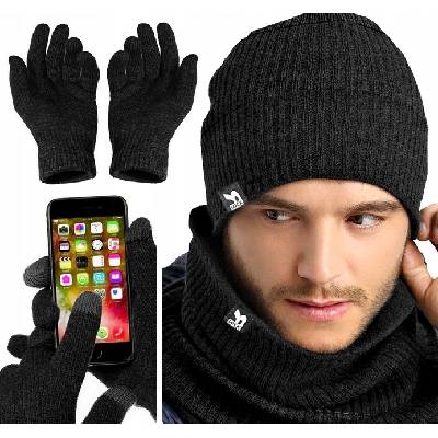 Súprava čiapka, komín (rolák), rukavice Cottonik Teplá súprava šál, zateplený šál, rukavice, hrubé čierne (Pánska súprava + komín + zimné rukavice r)