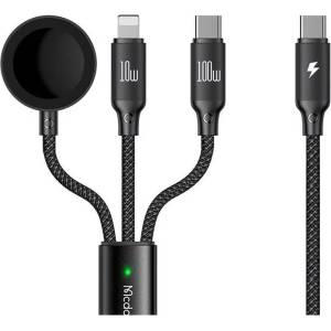 Lemontti Mcdodo CA-4940 O Series 3-в-1 кабел USB-C към USB-C, Lightning и безжично зареждане за Apple Watch, 100W, 1.2 m, черен (CA-4940)