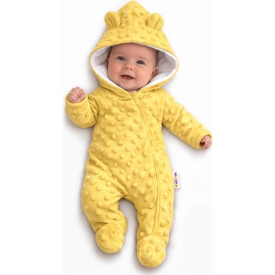 Baby Nellys Kombinézka overal Minky s kapucňou a uškami žltá