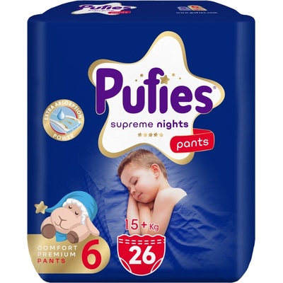 pufies Пелени гащи Pufies Supreme Nights - Value Pack, размер 6 Extra Large, 15+ kg, 26 броя (3800024037009)