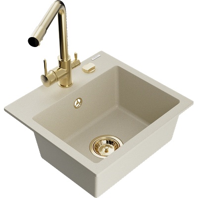 Mexen Milo гранитна кухненска мивка с 1 отделение и кухненски смесител Duero, бежов - 6505-69-671600-50 (6505-69-671600-50)