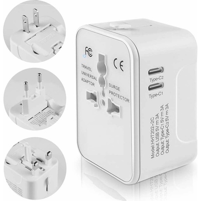 Techsuit Захранване с 2xUSB-C и USB-A изходи и преходници за цял свят в едно устройство за мобилни устройства - Techsuit Travel Adapter (HHT202-2C) 15W (бял) (KF2331246)