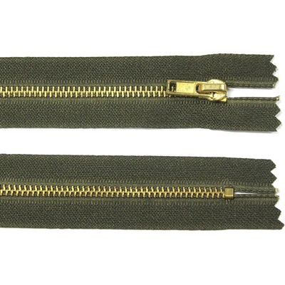 Kovový zip no.3 nerozepínací 14cm khaki zelený (zlaté zoubky)