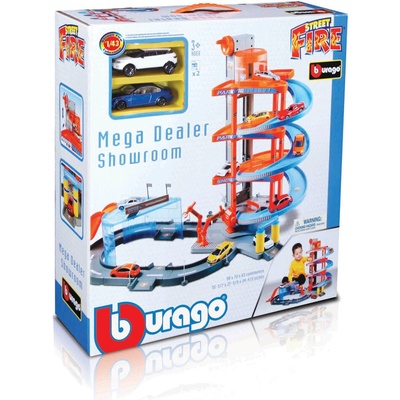 Bburago PLAYStreet Fire Mega Dealer Showroom garáž s dvěma autíčky 1:43
