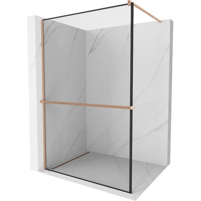 Mexen Kioto+, sprchová zástena Walk-In s poličkou a vešiakom 130 x 200 cm, 8mm číre sklo čierny vzor, medený matný profil, 800-130-121-65-70