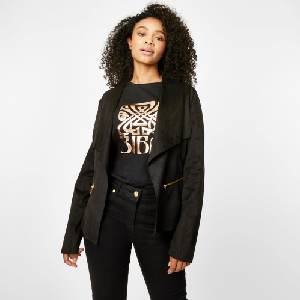 Biba Womens Waterfall Faux Suede Long Sleeve Overcoat - Black