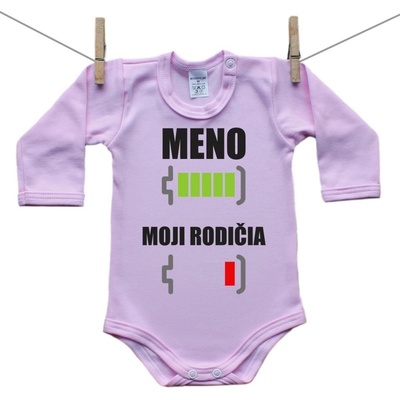 Boodyy Ružové Body s dlhým rukávom Batéria nabitá vybitá rodičia s menom