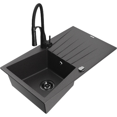 Mexen Cesar гранитна мивка 1-камерна с отцедник и кухненски смесител Aster, черно на пръски - 6514-76-73450-70-B (6514-76-73450-70-B)
