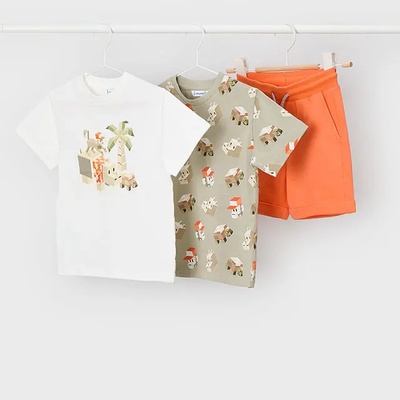Mayoral Комплект 2 тениски бяла и бежова с щампи и къси оранжеви панталони за мини момче Mayoral