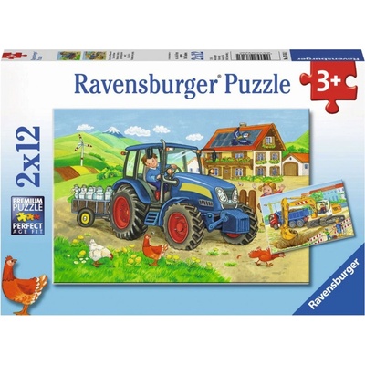 Ravensburger Детски пъзел Ravensburger от 2 x 12 части - Строителна площадка и ферма (7616)