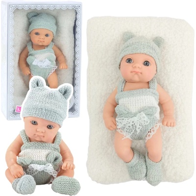 Lean Toys Detská bábika s dekou Biele a sivé oblečenie Čapka 18 cm