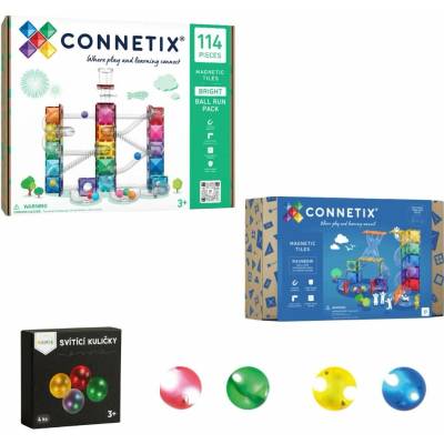 Connetix Tiles Kuličkodráha (114 ks) + rozšíření (66 ks) + svítící kuličky MAMIS