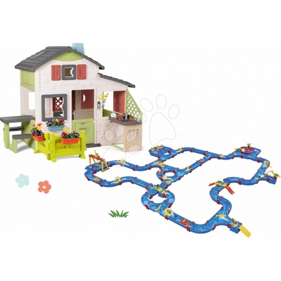 Smoby Set domček Priateľov s predzáhradkou a veľká vodná dráha Friends House Life rozšíriteľný s 11 loďkami a 8 figúrkami a letná kuchynka