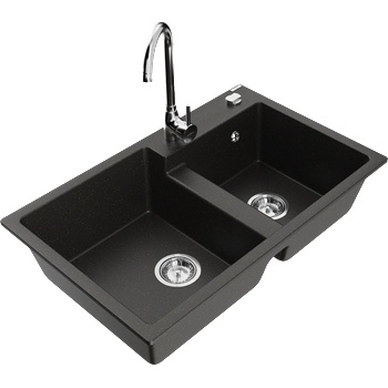 Mexen Tomas гранитна мивка с две камери и кухненски смесител Telma, черен/златен металик - 6516-75-670200-00 (6516-75-670200-00)