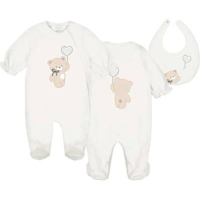 Mayoral Комплект гащеризон дълъг и лигавник в цвят мръснобяло за новородено момиче с мече Mayoral