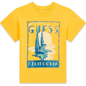 GUESS Жълта тениска за момче със синя щампа и надпис Guess