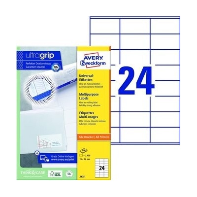 Avery-Zweckform 3475 70 x 36 mm papier biela 2400 ks trvalé univerzálne etikety atrament, laser, kópie; 3475