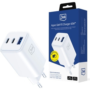 3mk Protection - Зарядно за стена Hyper - USB-A/USB-C, GaN технология, 65W, QX4+, огнеупорен V0 материал - бяло