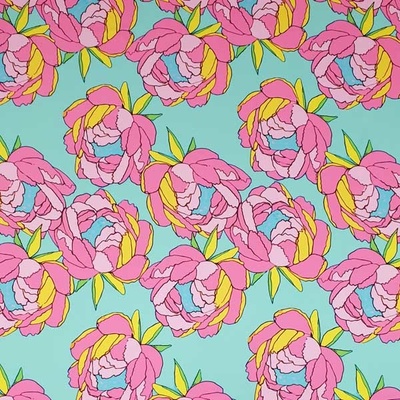 Satén N5850 mint, ružovo-žlté kvety, š.150