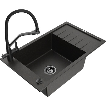 Mexen Elias гранитна мивка с 1 казанче с капачка и кухненски смесител Duo, черен/златист металик - 6511-75-671701-70-B (6511-75-671701-70-B)