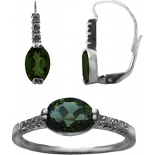 A-B Set of silver jewelry with cosmic meteorite oval moldavite vltavin and cubic zirconia 20000012