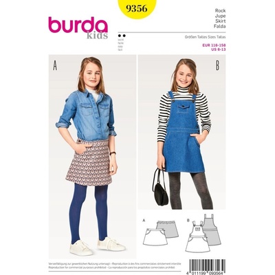 Střih Burda číslo 9356 dětská džínová sukně, laclové šaty, sukně s laclem