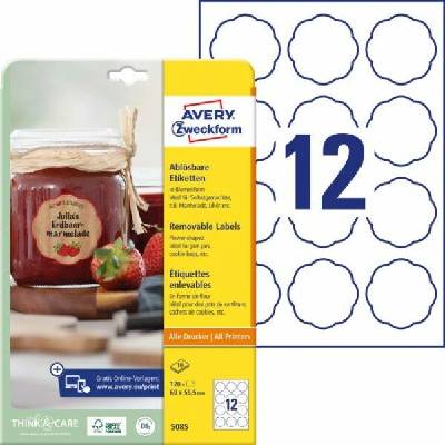 Etikety v tvare kvetu 60x59,5mm Avery 10 hárkov biele
