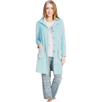 Плюшена пижама и халат в тюркоазено и бяло с цветя