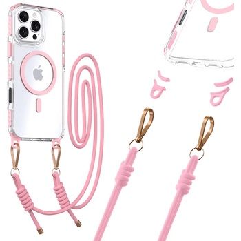 Tel Protect Хибриден удароустойчив кейс с MagSafe и връзка за носене през врата за iPhone 15 Pro - Tel Protect Stap Clear Magnetic Case MagSafe (розов-прозрачен)