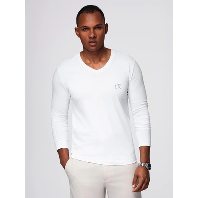 Ombre Clothing Мъжка тениска SLIM FIT с дълъг ръкав и V-образно деколте с еластан и щампа в бяло Ombre Clothing Ombre Clothing | Byal | МЪЖЕ | S