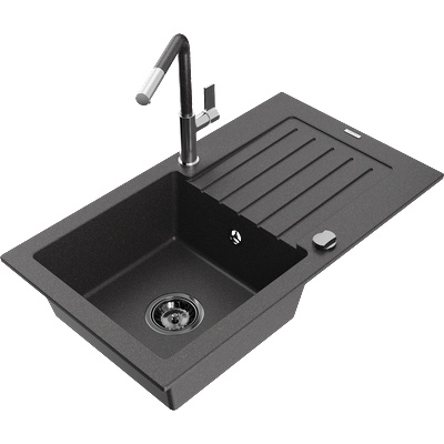 Mexen Pablo гранитна мивка с една камера с отцедник и кухненска батерия Flora, черно на петна - 6510-76-670401-08-B (6510-76-670401-08-B)