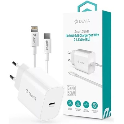 DEVIA ST109568 Smart Series 30W GaN PD+QC бял захранващ адаптер + Type-C/Lightning кабел (ST109568)