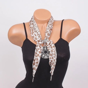 Image 1 of Бяло фишу с кафяви шарки и сребристо украшение