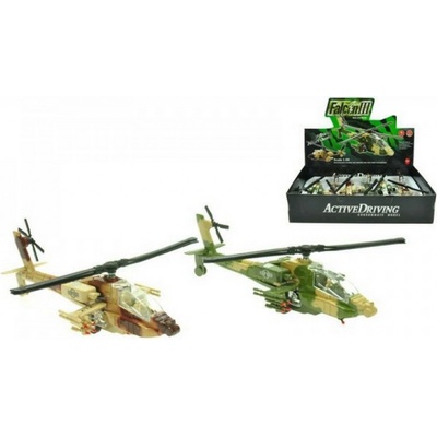 Vrtulník vojenský kov/plast 20cm zvuk světlo na baterie na zpětné natažení
