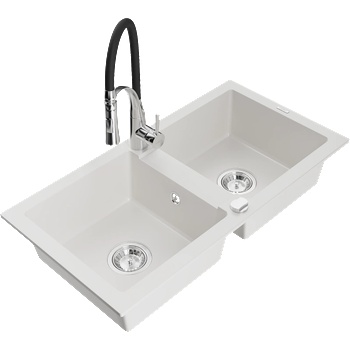 Mexen Mario гранитна мивка с 2 камери и кухненски смесител Aster, бял - 6504-20-73450-07 (6504-20-73450-07)