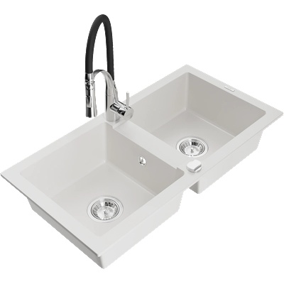 Mexen Mario гранитна мивка с 2 камери и кухненски смесител Aster, бял - 6504-20-73450-07 (6504-20-73450-07)