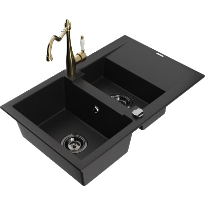 Mexen Gaspar гранитна мивка с 1, 5 камери с отцедник и кухненски смесител Carla, черен - 6507-77-670700-50-B (6507-77-670700-50-B)