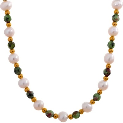 Grace Jewellery Korálkový náhrdelník sladkovodní perly a epidot, chirurgická ocel NH-10-1172A Bílá