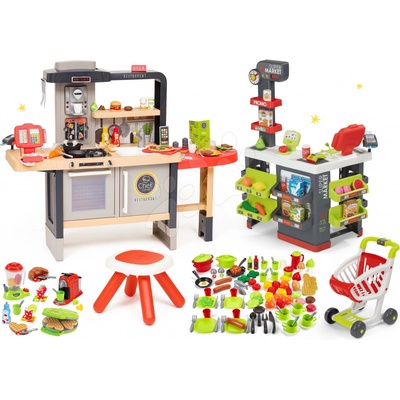 Smoby Chef Corner Restaurant set restaurace s elektronickou kuchyňkou s vaflovačem a supermarket a potraviny s nádobím 100 druhů