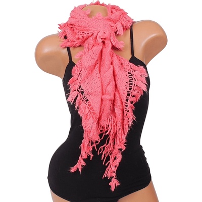 Дамски плетен шал в коралово с ресни