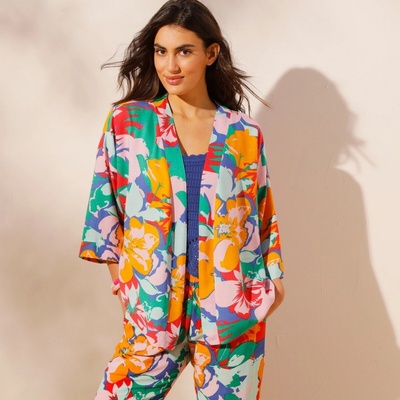 Kimono s potlačou kvetín modrá/zelená