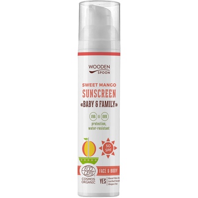 Wooden Spoon Слънцезащитен лосион Wooden Spoon - Sweet Mango, Baby & Family, SPF 50, 100 ml